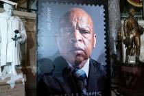 The newly unveiled stamp in honor of Rep. John Lewis is seen on Capitol Hill, Wednesday, June 2 ...