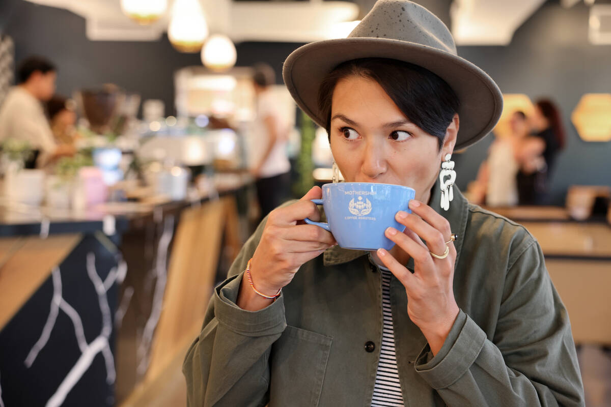 Juanny Romero, CEO of Mothership Coffee Roasters, talks to a reporter at her downtown Las Vegas ...