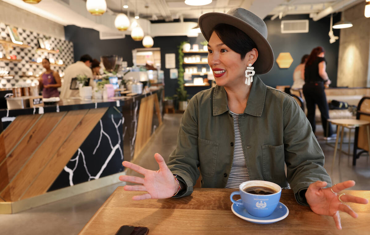 Juanny Romero, CEO of Mothership Coffee Roasters, talks to a reporter at her downtown Las Vegas ...