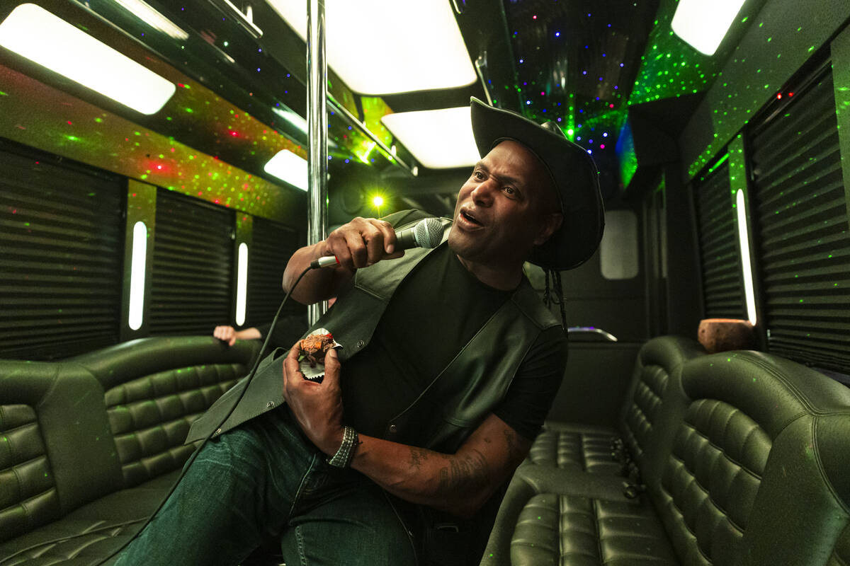 Comedian Smiley Joe Wiley entertains the crowd during the Best Comedy Show on Wheels bus on Sun ...