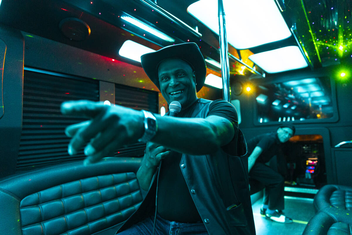 Comedian Smiley Joe Wiley performs during the Best Comedy Show on Wheels bus on Sunday, March 2 ...
