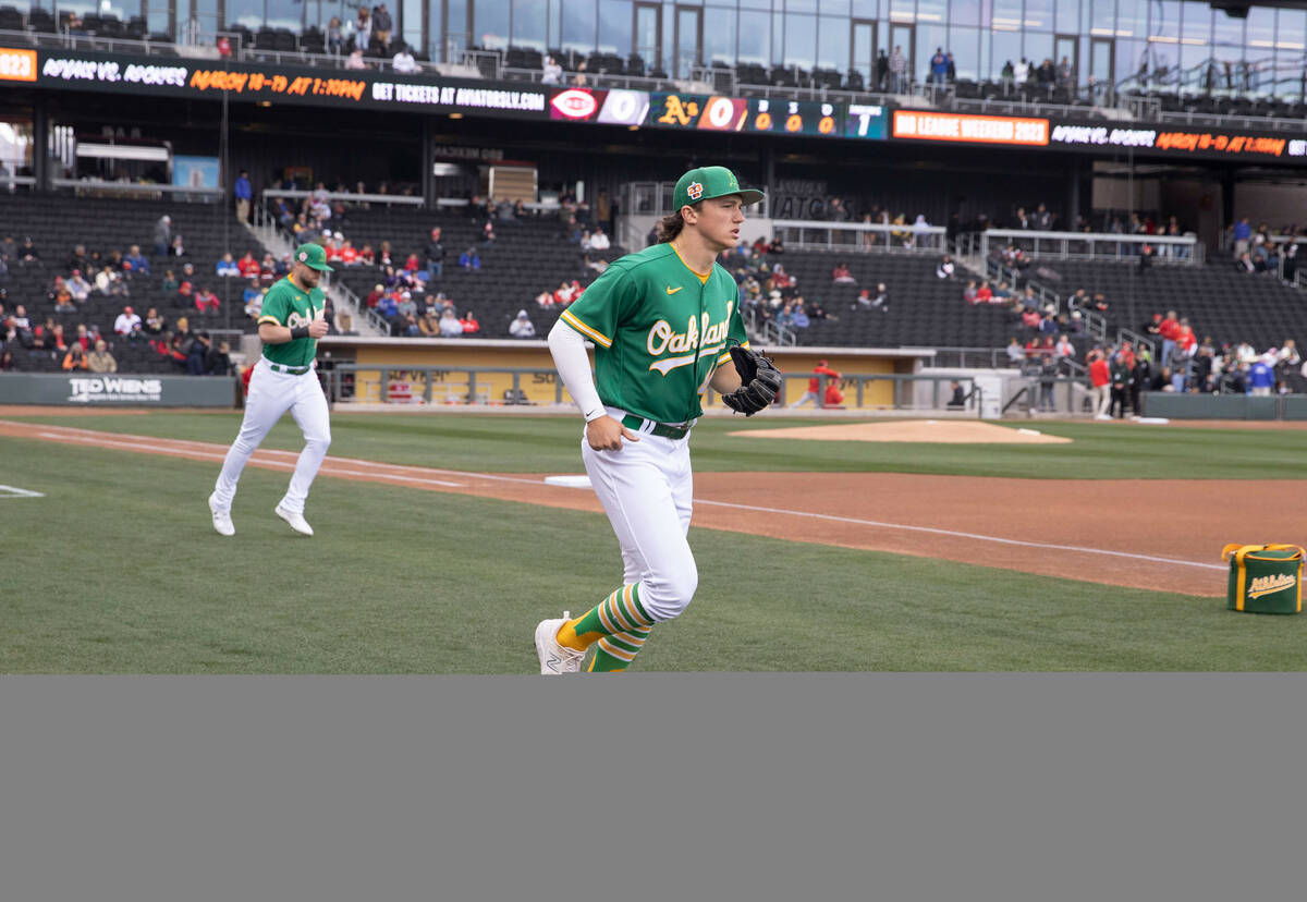 Oakland Athletics second baseman Zach Gelof takes the field before a baseball game against the ...