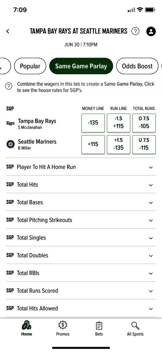 A screenshot from the Caesars Nevada Sportsbook app shows several categories of player props av ...