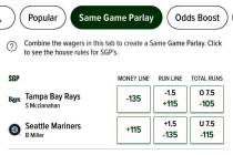A screenshot from the Caesars Nevada Sportsbook app shows a baseball game with wagering options ...