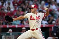 Los Angeles Angels starting pitcher Tyler Anderson throws to the plate during the third inning ...