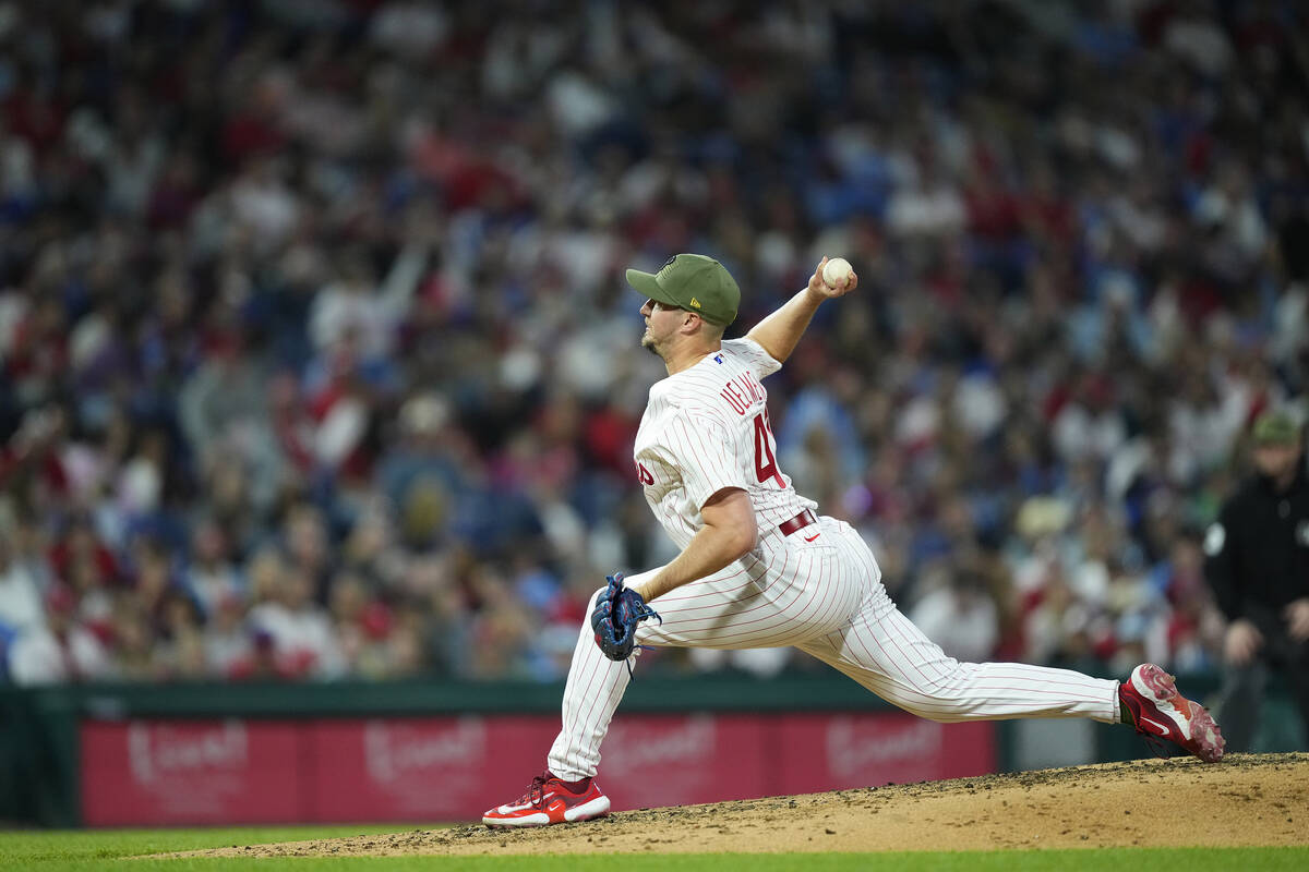 Philadelphia Phillies' Erich Uelmen pitches during the fifth inning of a baseball game, Friday, ...