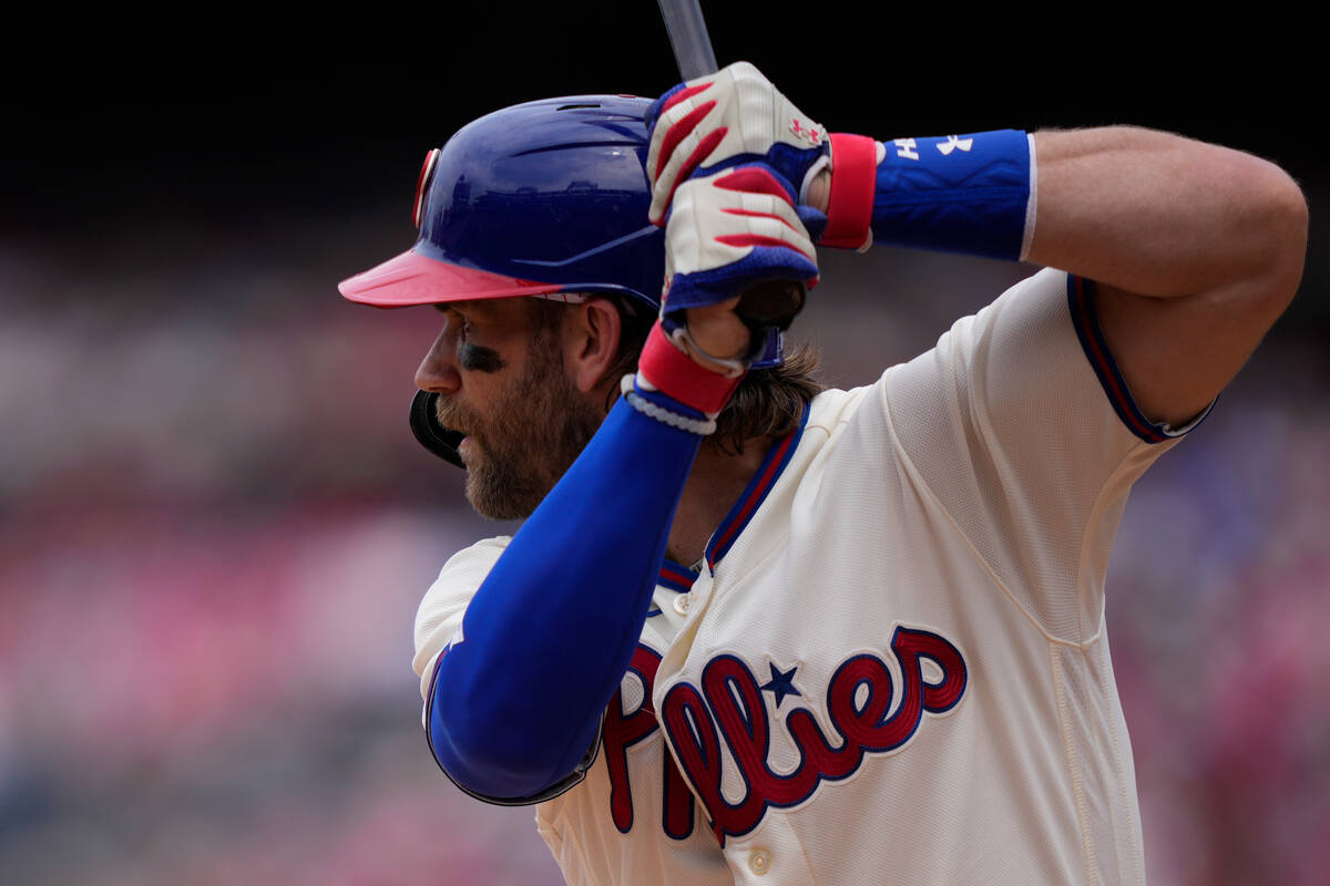 Philadelphia Phillies' Bryce Harper plays during a baseball game, Sunday, July 2, 2023, in Phil ...