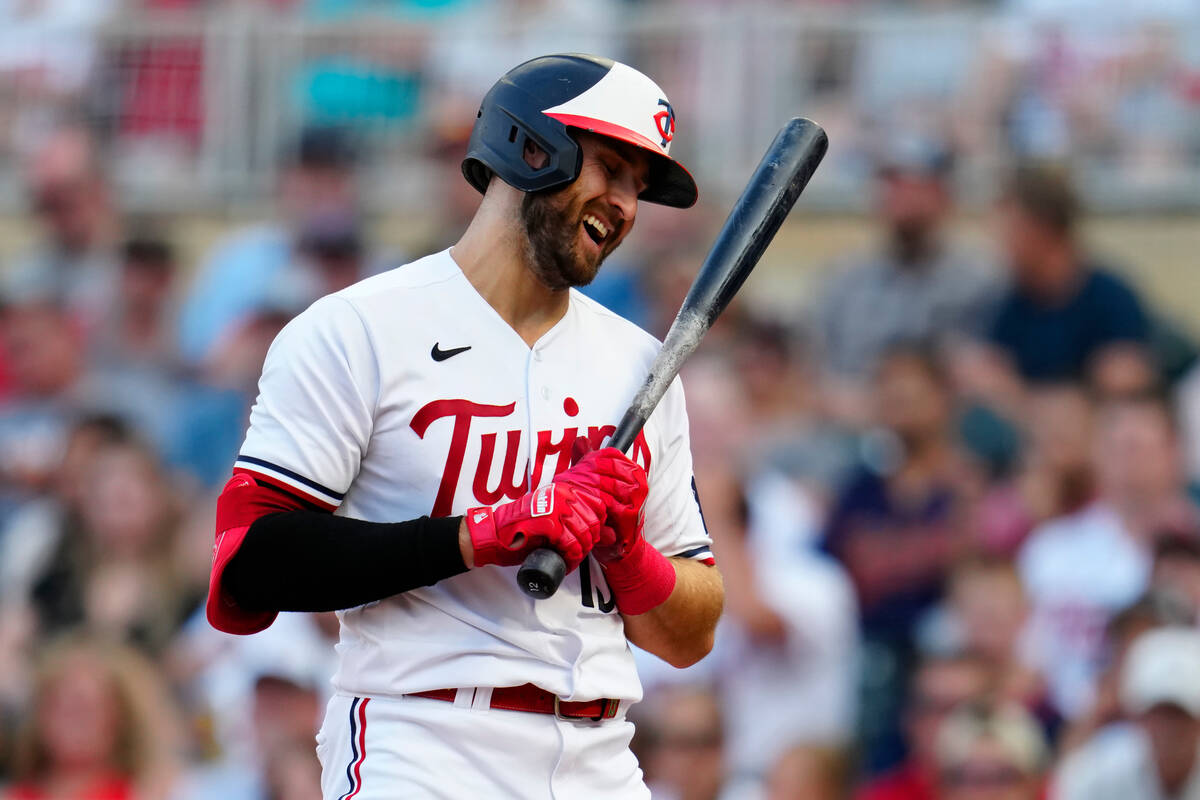 Minnesota Twins' Joey Gallo reacts after striking out during the second inning of the team's ba ...