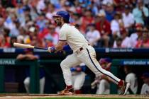 Philadelphia Phillies' Bryce Harper in action during a baseball game against the Washington Nat ...