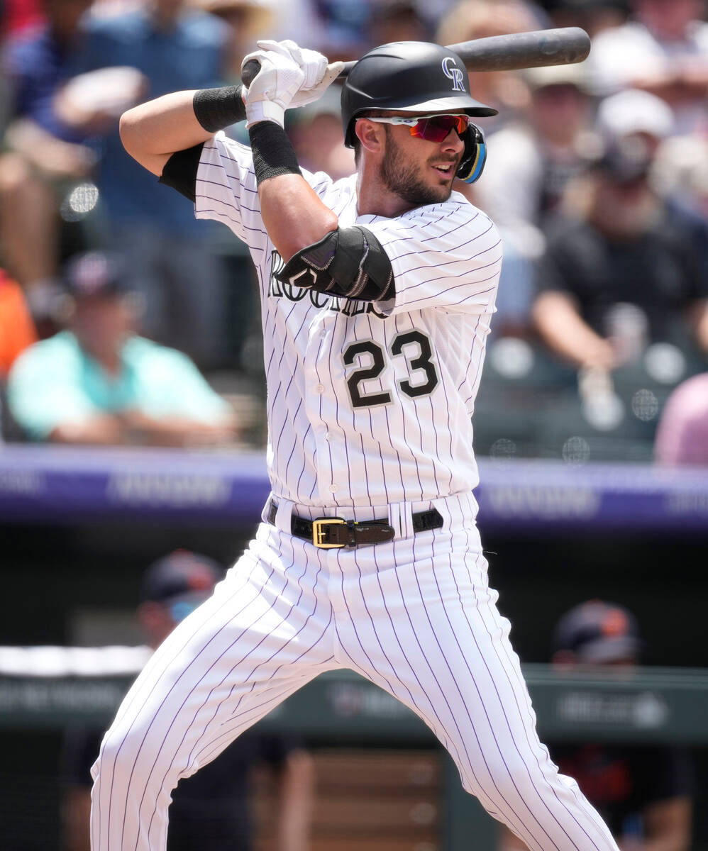 Colorado Rockies right fielder Kris Bryant (23) in the fourth inning of a baseball game Sunday, ...