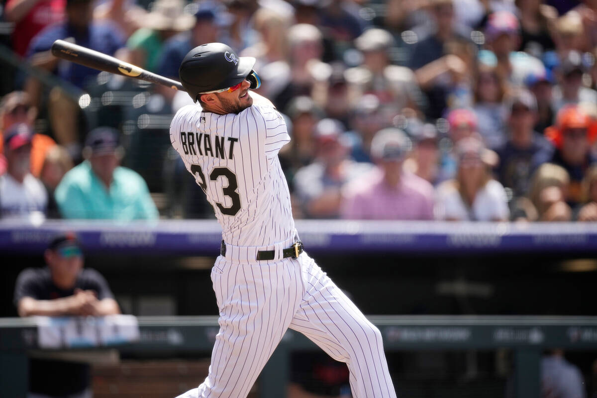 Colorado Rockies right fielder Kris Bryant (23) in the seventh inning of a baseball game Sunday ...