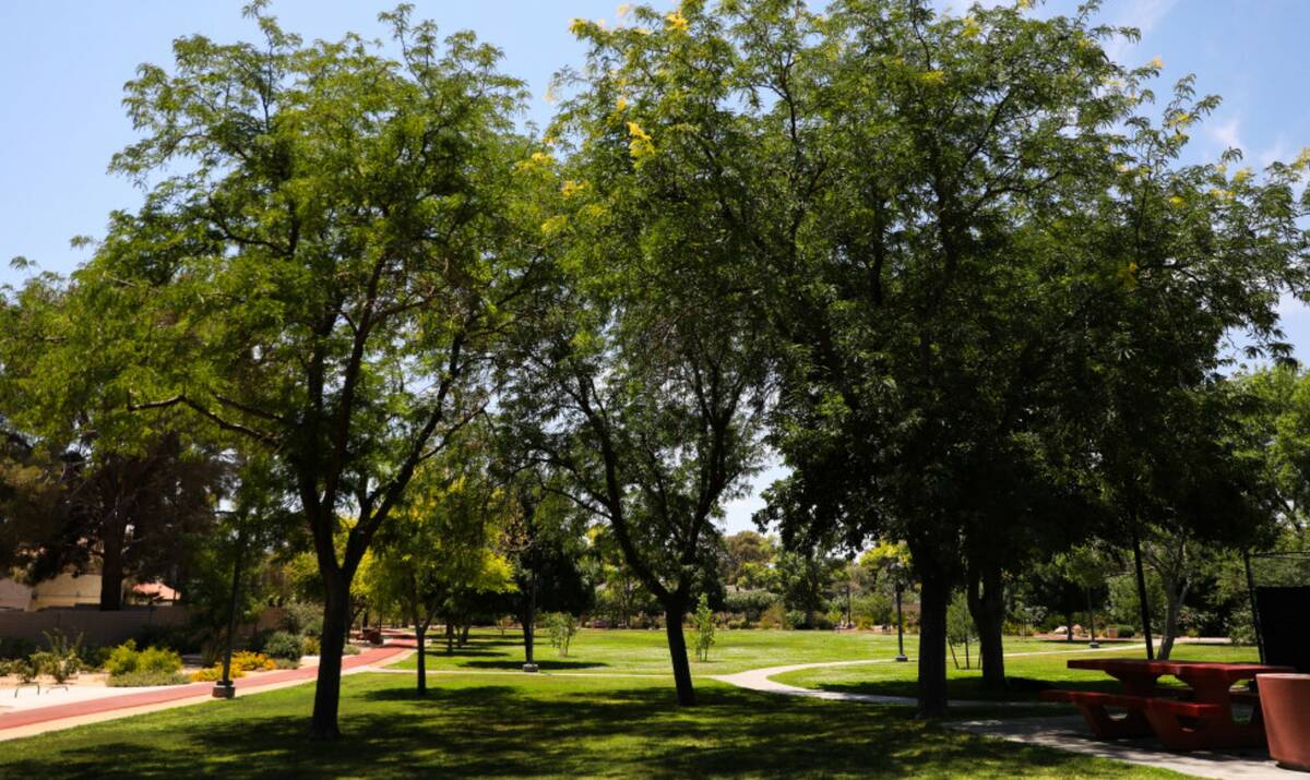 A grove of trees create a canopy of shade at Bob Baskin Park, helping local residents cool down ...