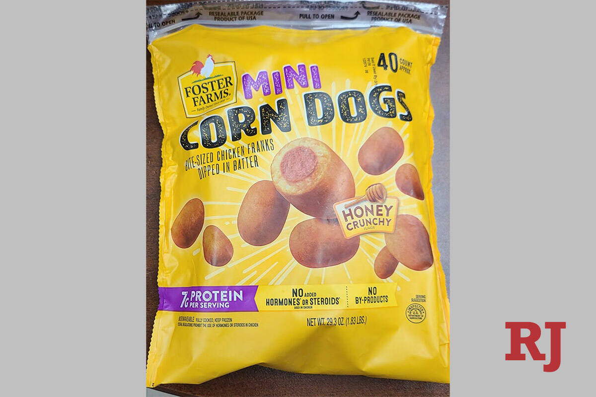 A 1.83-pound resealable bag containing “FOSTER FARMS MINI CORN DOGS BITE-SIZED CHICKEN FRANKS ...