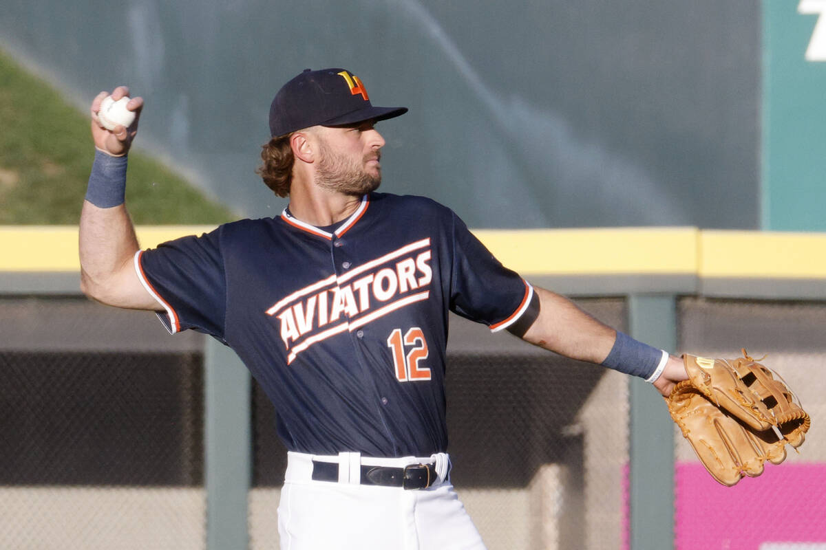 Aviators outfielder Cody Thomas (12) warms up before a baseball game between Aviators and Round ...