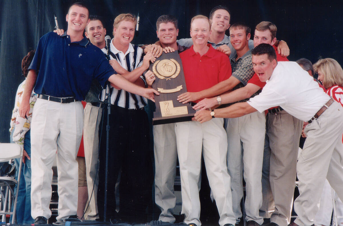 Members of the 1998 NCAA championship men's golf team at a ceremony at the Fremont Street Exper ...