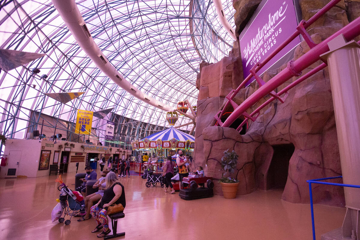 The pink glass roof casts a light pink hue inside The Adventuredome at Circus Circus. (Ellen Sc ...