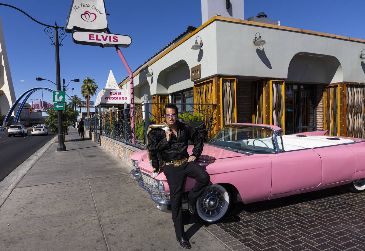 Elvis tribute artist Jesse Garon poses with his 1960 Cadillac. (Chase Stevens/Las Vegas Review- ...