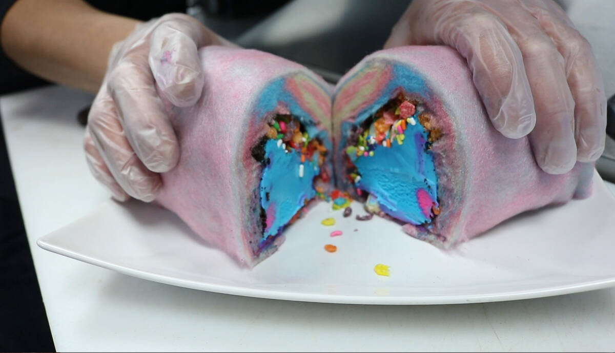 Creamberry’s cotton candy burrito is your choice of ice cream flavor and toppings wrapped in ...