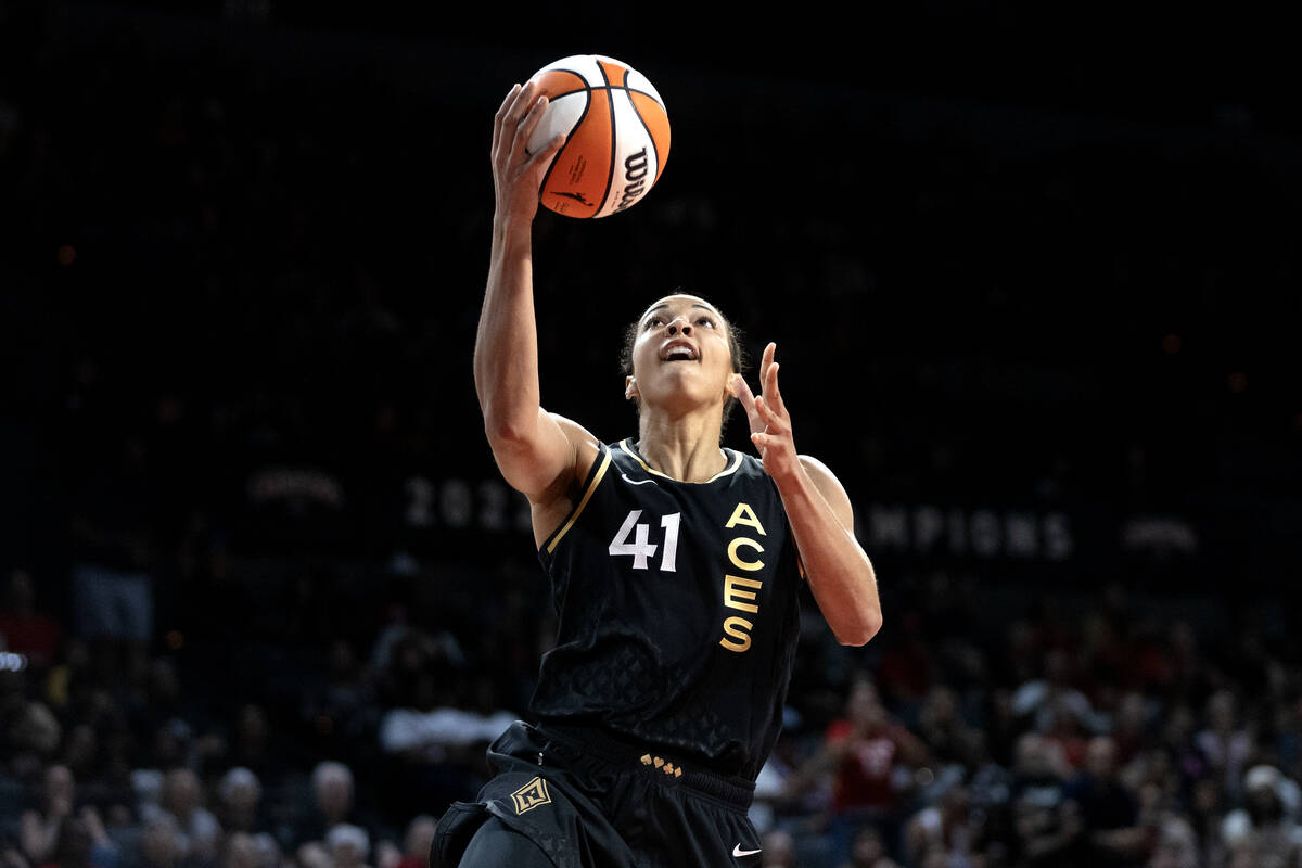 Las Vegas Aces center Kiah Stokes (41) shoots a layup against the Dallas Wings during the secon ...
