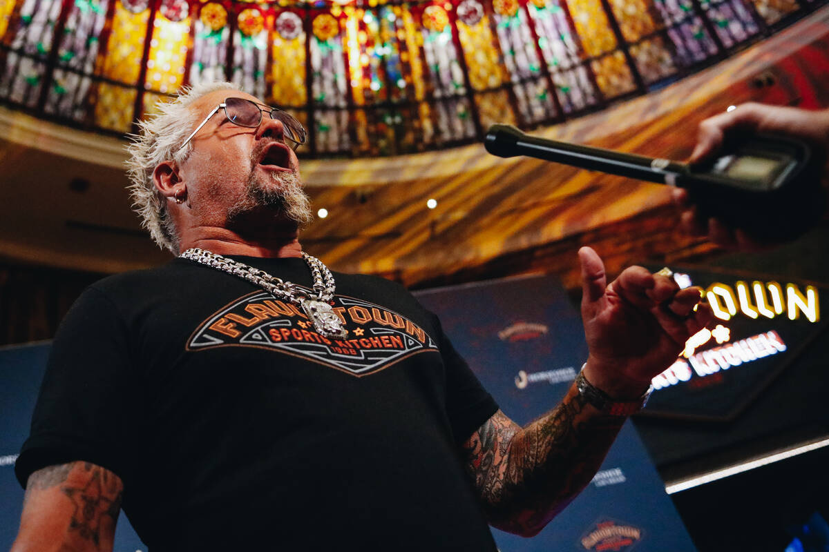 Guy Fieri speaks to the media about his new restaurant on the Strip on Friday, July 7, 2023, at ...
