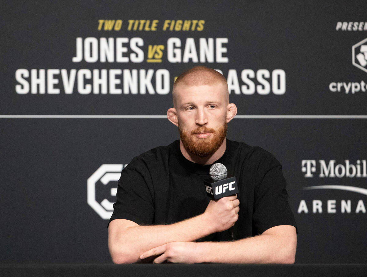UFC middleweight Bo Nickal takes questions during a news conference at the UFC Apex on Wednesda ...