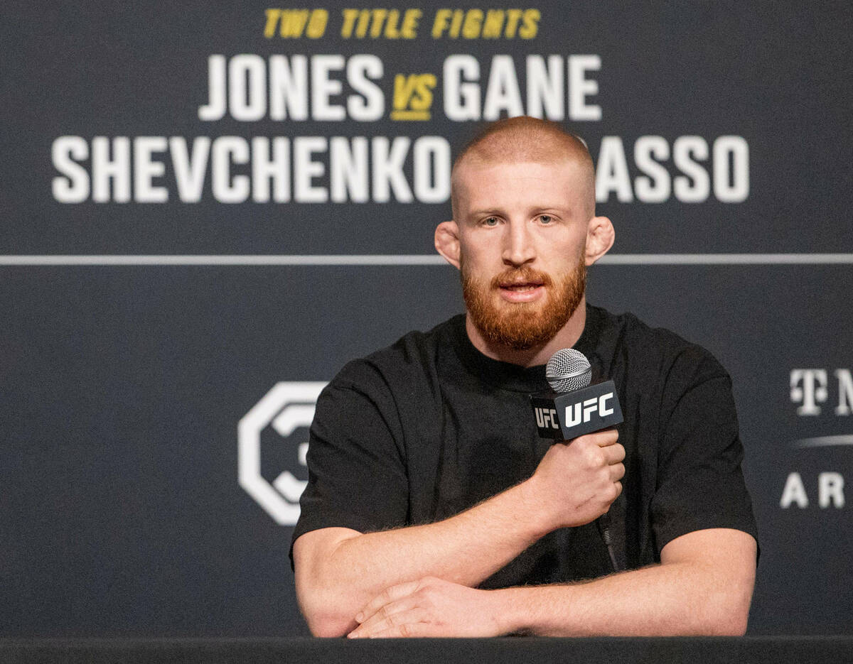 UFC middleweight Bo Nickal answers questions during a news conference at the UFC Apex on Wednes ...