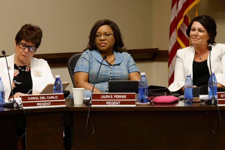 Nevada System of Higher Education Regents Carol Del Carlo, from left, Laura Perkins and Stephan ...