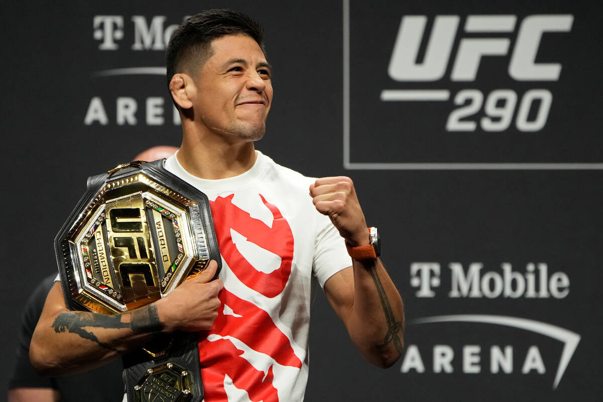 Brandon Moreno reacts during a news conference for the UFC 290 Mixed Martial arts event Thursda ...