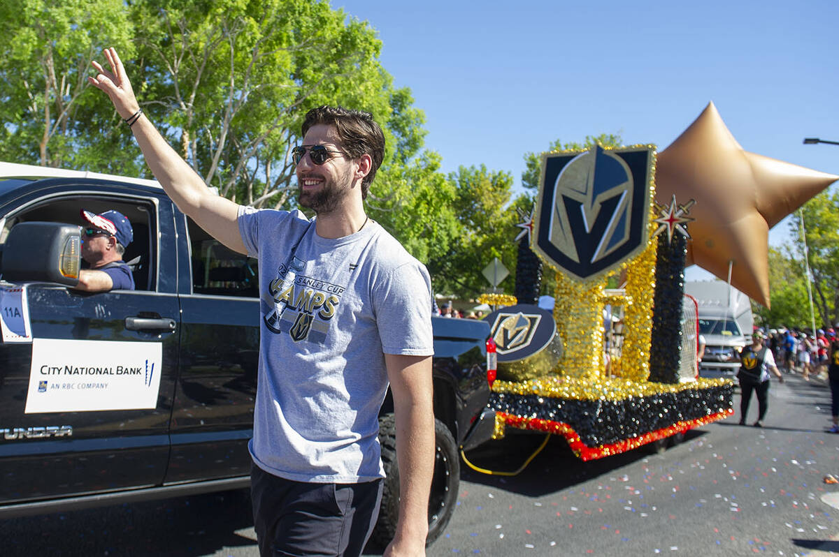 Summerlin Vegas Golden Knight Nicolas Hague waves to more than 50,000 parade-goers.