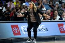 Las Vegas Aces head coach Becky Hammon shouts at a referee during the second half of a WNBA bas ...