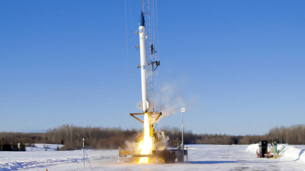 This Jan. 31, 2021 image provided by bluShift Aerospace shows an unmanned rocket lifting off in ...