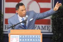 Roberto Alomar gives his Baseball Hall of Fame induction speech during a ceremony at the Clark ...