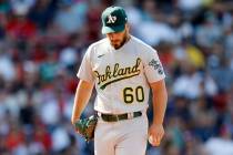 Oakland Athletics' Sam Moll stands on the mound during the second inning of a baseball game aga ...