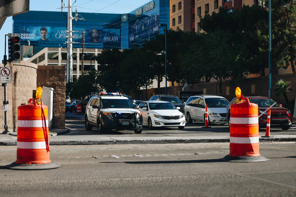 Traffic from construction for the Formula One Las Vegas Grand Prix is seen on Harmon Avenue on ...