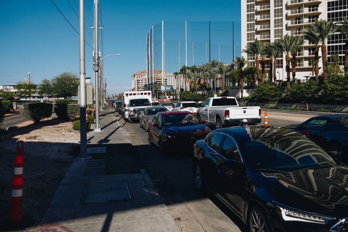 Traffic from construction for the Formula One Las Vegas Grand Prix is seen on Monday, July 10, ...