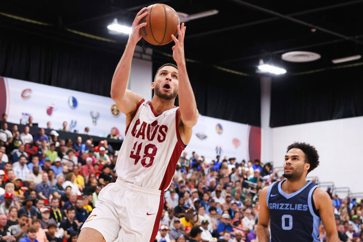 Cleveland Cavaliers forward Pete Nance (48) goes for a layup during an NBA Summer League game a ...