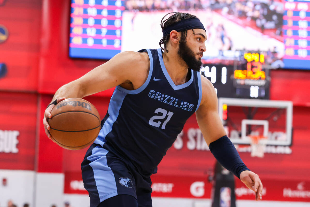 Memphis Grizzlies forward David Roddy (21) goes in for a layup during an NBA Summer League game ...