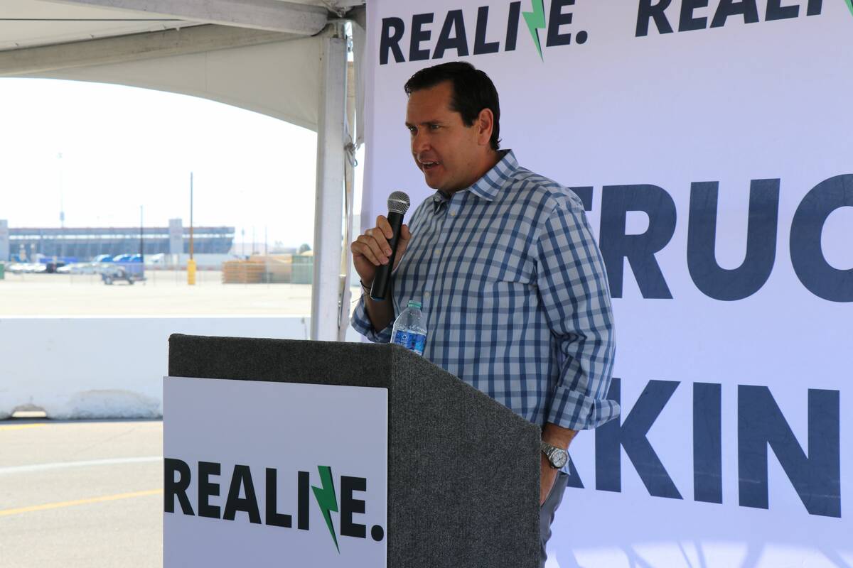 Nevada Secretary of State Cisco Aguilar speaking at a press conference marking the opening of t ...
