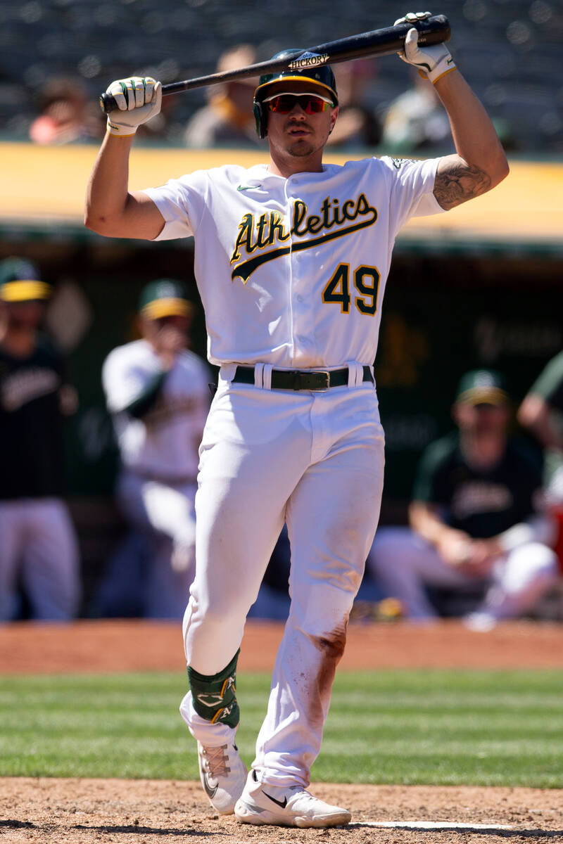 Oakland Athletics' Ryan Noda (49) reacts to striking out against the Chicago White Sox during t ...