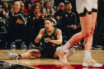 Las Vegas Aces guard Kelsey Plum (10) reacts after falling during a game against the Chicago Sk ...