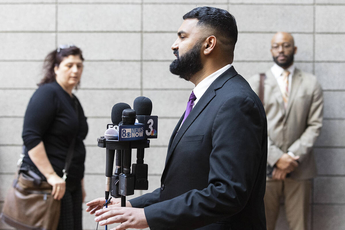 Athar Haseebullah, Esq., executive director for the ACLU of Nevada, addresses the media before ...