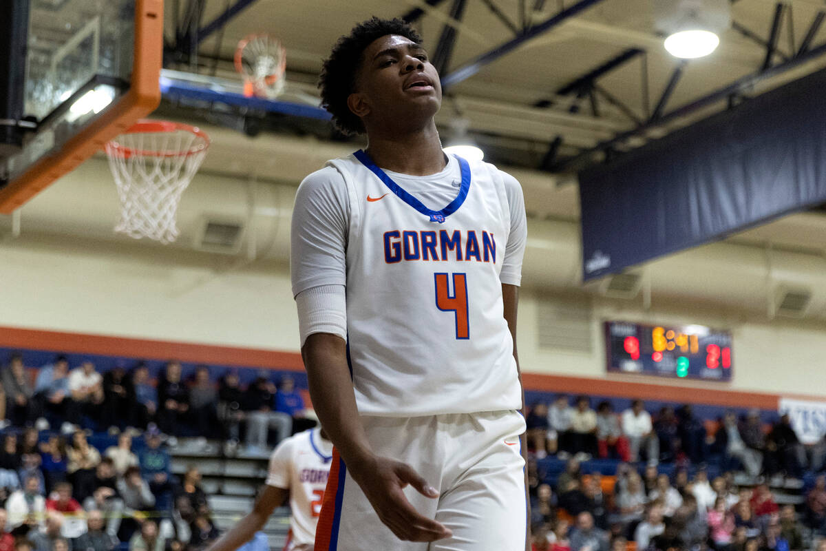 Bishop Gorman’s Jase Richardson (4) reacts after referees called a foul on him during a ...