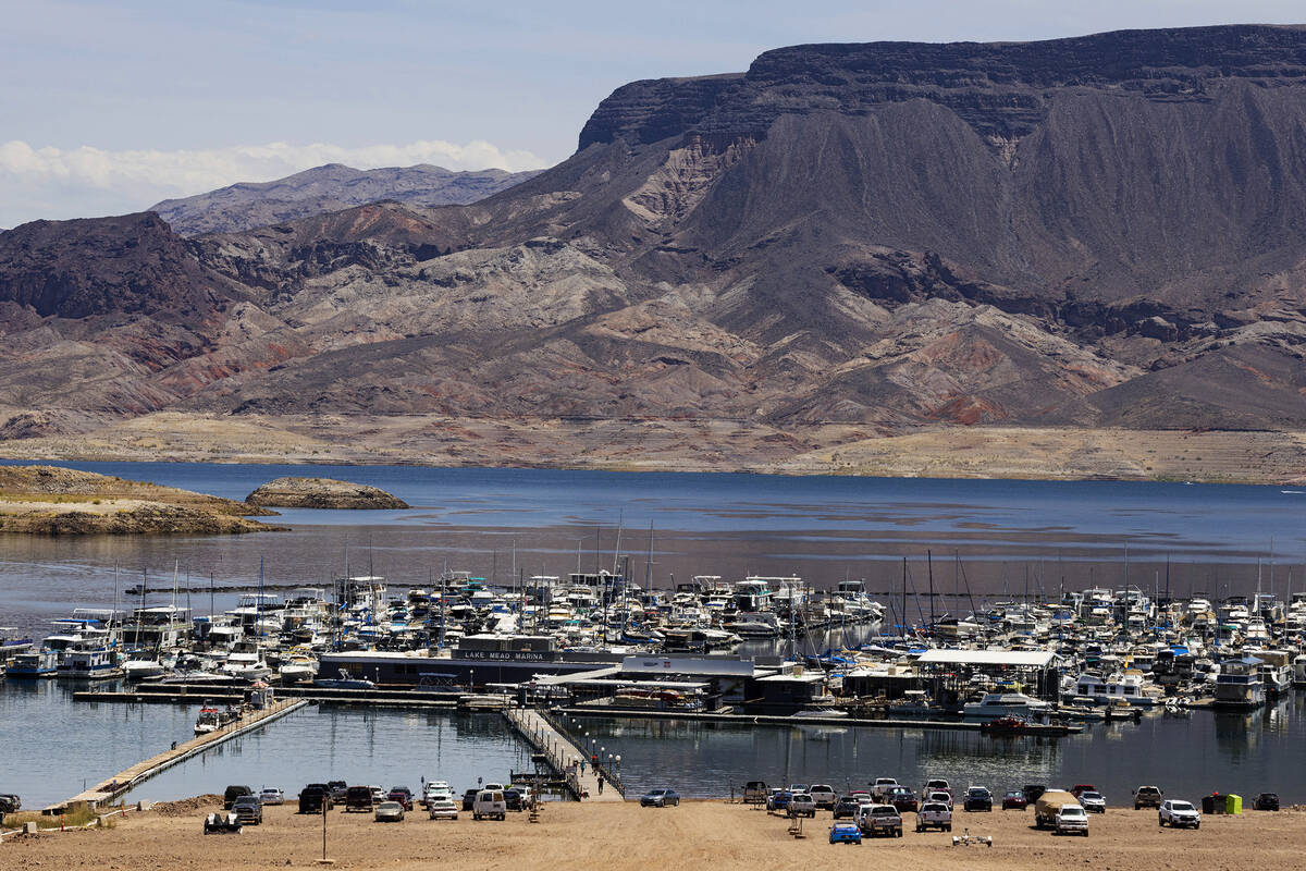 Boats are docked at the Las Vegas Boat Harbor in the Lake Mead National Recreation Area, on Mon ...