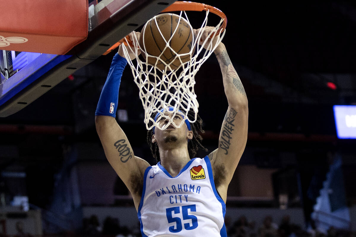 Oklahoma City Thunder guard Caleb McConnell (55) dunks during the second half in a NBA Summer L ...