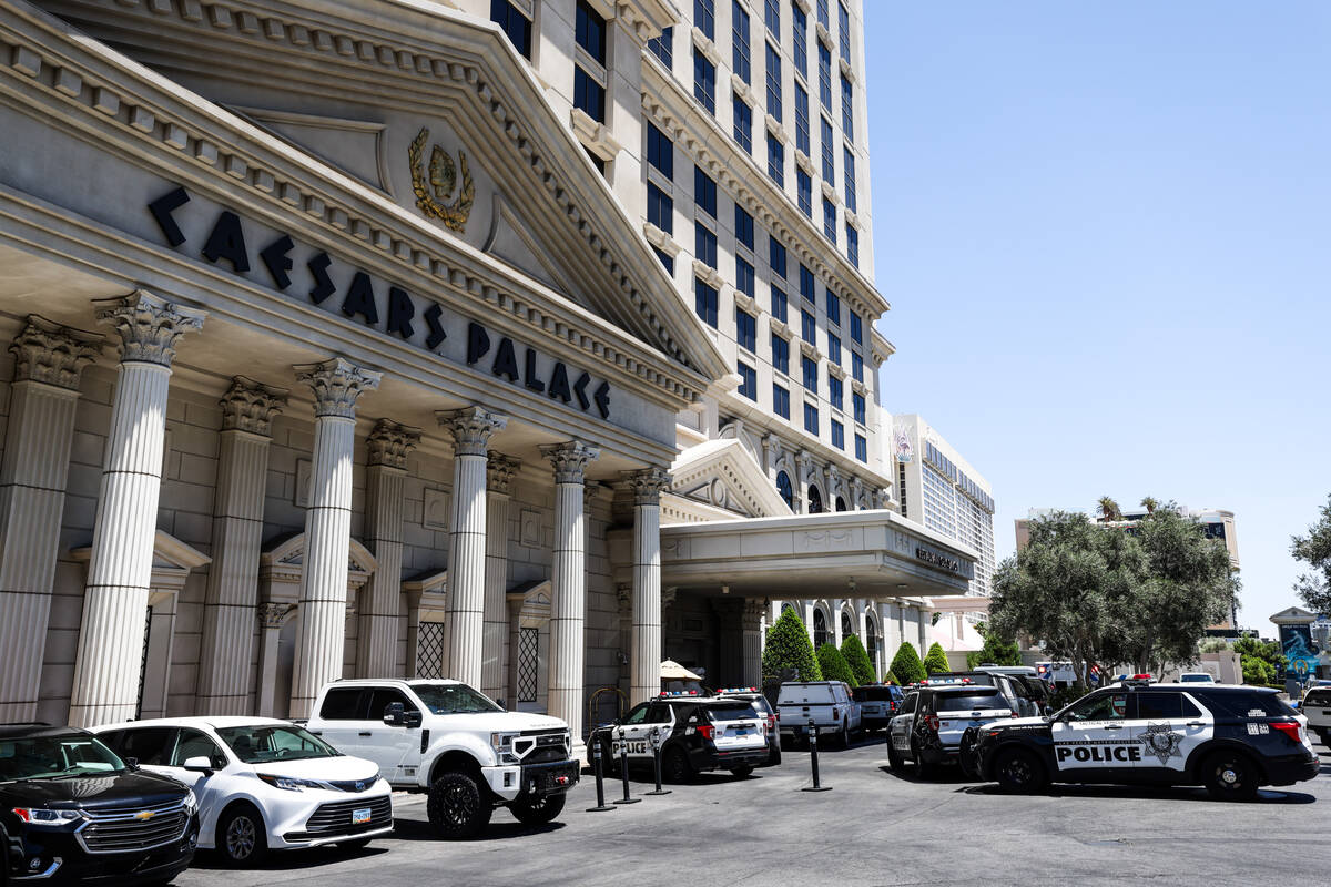 Police investigate a disturbance at Caesars Palace on Tuesday, July 11, 2023, in Las Vegas. (Ra ...