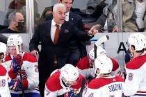 Montreal Canadiens head coach Dominique Ducharme talks to his team during overtime period of an ...