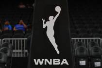 ATLANTA, GA – AUGUST 06: The WNBA logo covering the base of the basket during the WNBA g ...