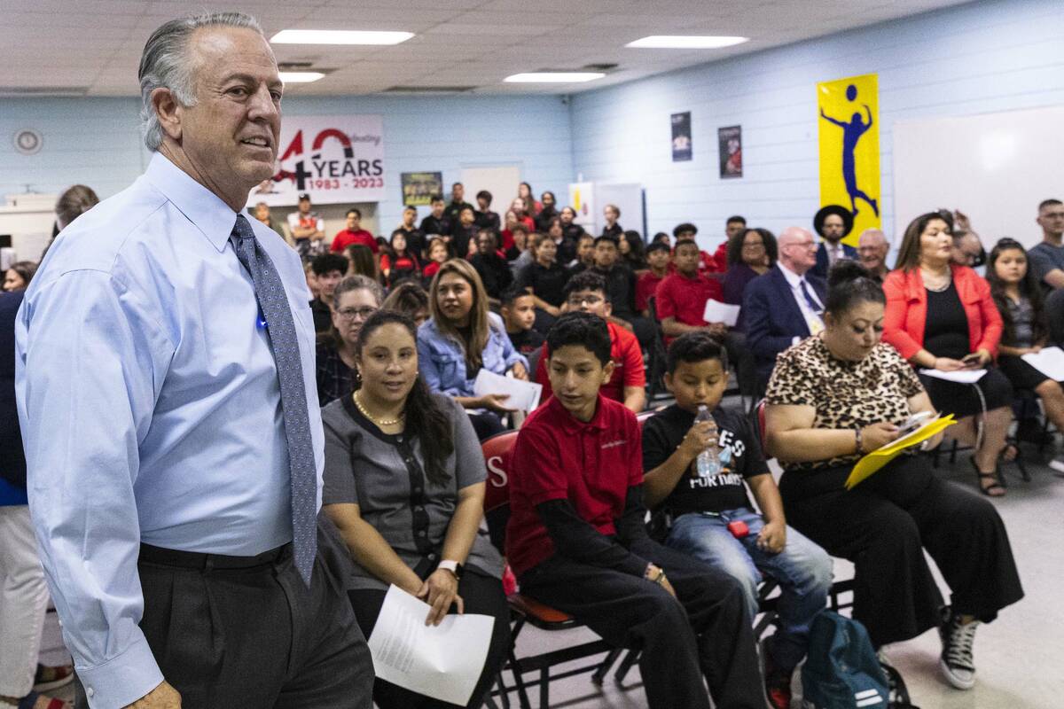 Gov. Joe Lombardo, arrives at Mountain View Christian School, to host a roundtable discussion w ...