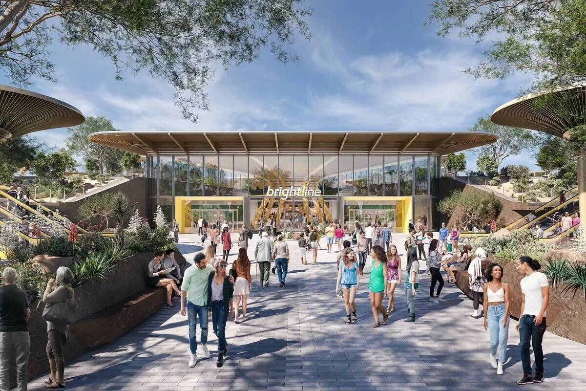 An artist rendering of what the planned Brightline West Las Vegas passenger station could look ...