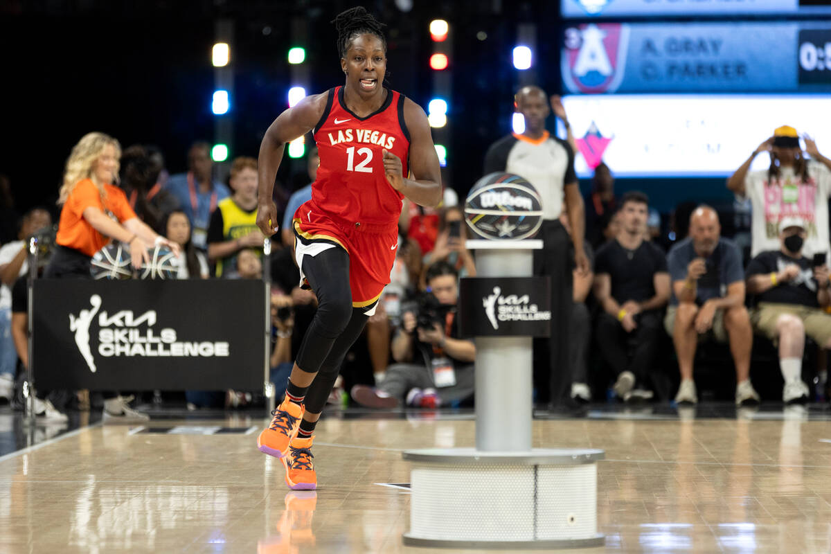 Las Vegas Aces guard Chelsea Gray competes in the WNBA All-Star skills competition at Michelob ...